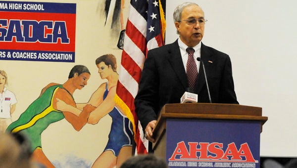 Alabama High School Athletic Association executive director Steve Savarese speaks to the media about new sports classifications released Wednesday morning. The AHSAA revealed a seventh classification that will feature the 32 biggest schools in terms of enrollment.--Daniel Evans