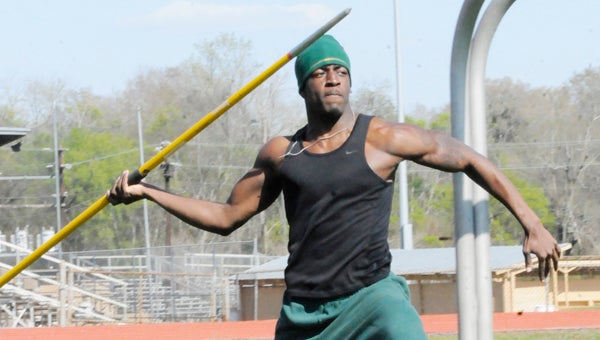 Concordia College Alabama’s Carlos James practices the javelin throw during Tuesday’s practice at Memorial Stadium. The Hornets will participate in the Shorter College Invitational March 29 in Rome, Ga. before hosting the CCA faculty, staff and student day on April 5.--Daniel Evans
