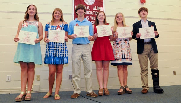 Grace Shirah, Anne Smith Reeves, Wade Mahan, Mary Logan Kelley, Margaret Jackson and Stanhope Frasier were awarded scholarships at the Dallas-Wilcox Bama Club’s meeting Monday night at the Carl C. Morgan Convention Center.--Alaina Denean Deshazo
