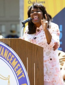 Congress Woman Terri Sewell addresses those in attendance during a program Saturday before the NAACP march from Selma to Washington D.C.