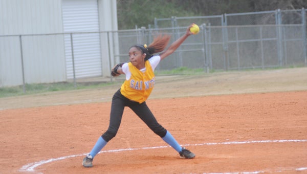 Selma pitcher Dajah Thrash tosses a pitch during a game Thursday against Southside at the Sportsplex.  Thrash only allowed one run, as the Saints easily beat Southside 20-1. — Justin Fedich