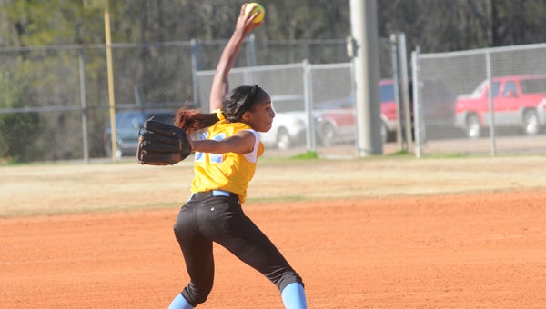Selma pitcher Dajah Thrash tosses a pitch during the Saints’ game against Chilton County Tuesday at the Sportsplex.  The Saints lost 7-1. — Justin Fedich