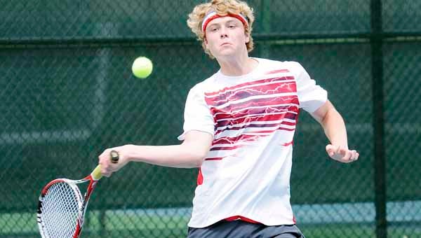 Morgan Academy’s Mason Perkins hits a forehand during his No. 3 singles match against Tuscaloosa Academy’s Grant McAllister during the Alabama Independent School Association’s state finals Tuesday at Lagoon Park in Montgomery.  Perkins bounced back from losing 6-1 in the first set to force a tiebreaker in his second set.   — Justin Fedich