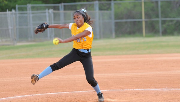 Selma’s Dajah Thrash winds up for a pitch in a game against Dallas County Wednesday at the Sportsplex. — Justin Fedich