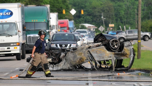 One of the victims in a two-car accident left the scene after the SUV he was driving flipped over and caught on fire.