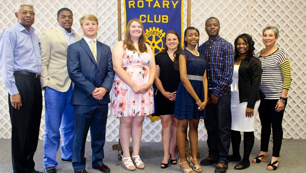 The Rotary Club named finalists for its scholarships last week.  Pictured are the Rotary Club’s McNair Ramsey, Selma’s Aderick Moore, Morgan Academy’s Woodham Kemmer,  Dallas County’s Ashley Young, Meadowview’s Maggie Tipton, Ellwood Christian’s Jonathan Pettway, Southside’s Alanna Young and club president Manera Searcy. --Submitted Photo