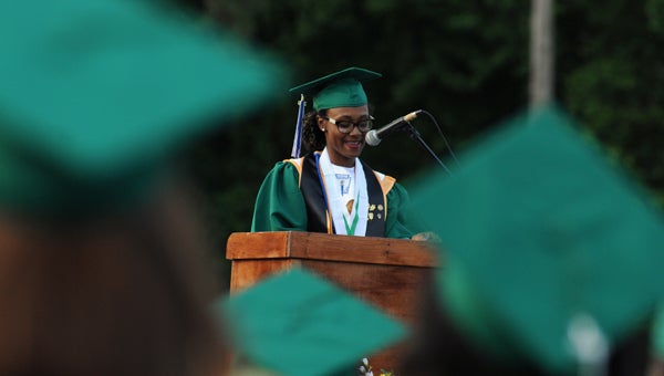 Valedictorian Kalissa Johnson gives her address during Dallas County High School’s graduation  on Thursday.
