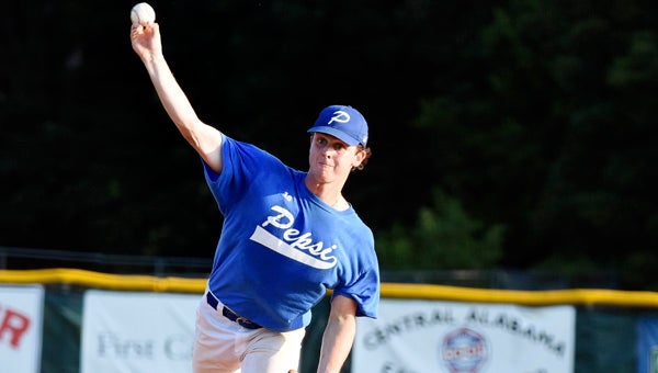 Pepsi’s Josh Criswell throws a pitch during Thursday’s 7-1 victory over Mountain Dew at Bloch Park.  Criswell pitched all three innings and picked up the win for Pepsi.  It was the fifth time Pepsi had defeated Mountain Dew this season. — Daniel Evans