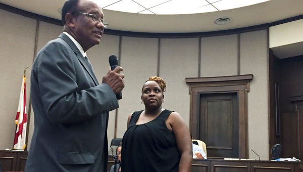 Selma Mayor George Evans introduces Carneetie Ellison as the city’s interim Parks and Recreation Department director during Tuesday’s council meeting. Current department head Lebo Jones stepped down to coach and teach at Meadowview Christian School. 