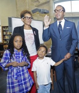 Johnny Moss is sworn in as president of Selma City Schools board of education during a ceremony Thursday at Selma High School. Four new board of education members were also sworn in along with incumbent Brenda Randolph-Obomanu. 